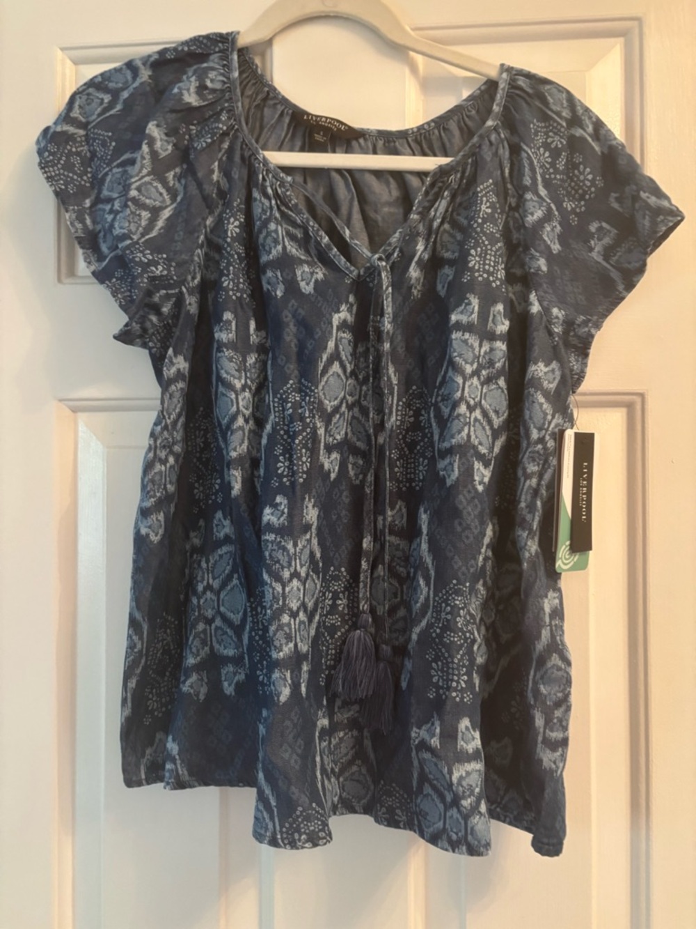 Liverpool Jeans Company chambray printed Tie-Front Peasant Top Small